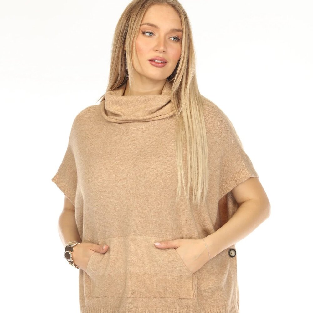 Taupe mock neck pockets cape Sweater